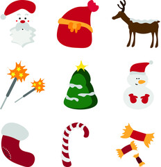 Set of New Year stickers. Santa Claus, gift bag, Christmas deer, sparklers, Christmas tree, snowman, Christmas stocking, Christmas lollipop and candies.