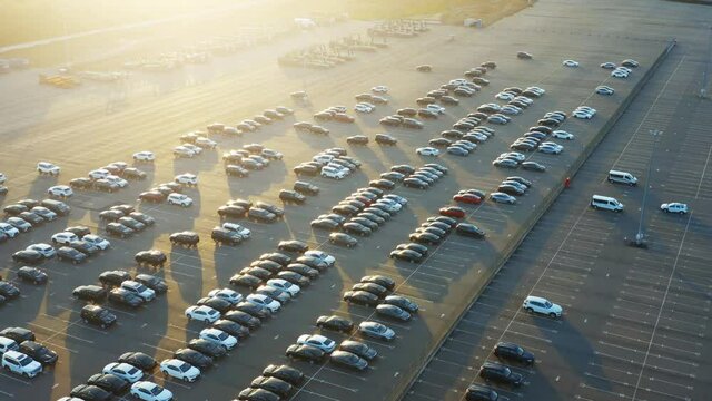 Aerial view of the dealership cars export or customs terminal in export and import business and logistics with a rows of new vehicles at sunset
