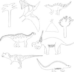 set of dinosaurs in black and white colors. Outline vector dinosaurs. Great for nursery kids design, baby shower, children products and birthday party decor. Gender neutral. Cute dinos