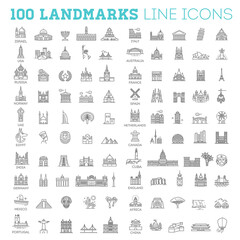 100 Flat line design style vector illustration icons set and logos of top tourist attractions, historical buildings - 466577005