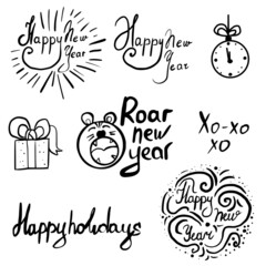 New year elements in doodle style, new year card, vector illustration