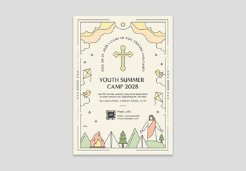 Church Youth Camp Flyer Layout with Soft Colors Line Art Illustrations