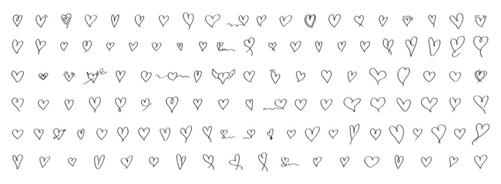 Hand drawn love hearts collection. Hand drawn doodle lines. Elements for Valentine's Day. Isolated on white. Vector illustration.