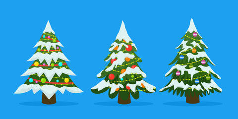 Christmas tree set. Decorated colorful balls, garland lights. New Years and xmas traditional symbol tree in snow.