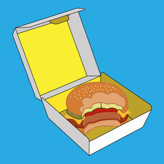 Vector illustration of a bitten hamburger in a box filled with boiled meat and cheese, business and restaurant themes suitable for food advertising