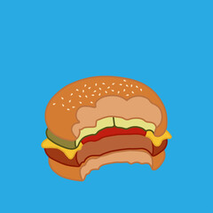 Vector illustration of bitten hamburger filled with cooked meat and cheese, business and restaurant themes, suitable for advertising food products