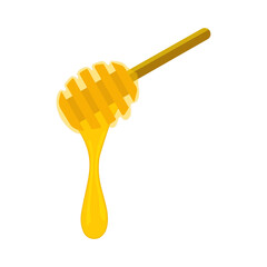 Liquid honey dripping from wooden dipper. Golden honey drop, sticky syrup wood spoon. Natural healthy product package design. Vector illustration