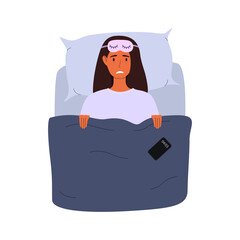 A flat vector cartoon illustration of a woman lying in bed and unable to fall asleep. The concept of insomnia, sleep disorders.