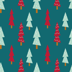 Obraz premium Christmas trees seamless pattern on green background. Vector illustration for paper, wallpaper, fabric, interior design.