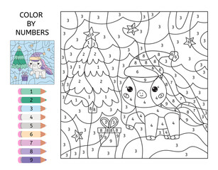 Color by number educational game. Cute kawaii unicorn, gift box and Christmas tree. Learn numbers for preschoolers. Black and white coloring page. Printable worksheet.