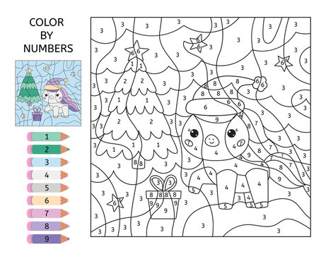 Color by number educational game. Cute kawaii unicorn, gift box and Christmas tree. Learn numbers for preschoolers. Black and white coloring page. Printable worksheet.