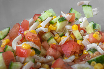 Vegetable salad with squid. Light salad ingredients. Healthy foods. Healthy lifestyle. Proper nutrition. Delicious breakfast. Delicious diet. Vitamins for immunity. A varied menu. Nutritionist advice.