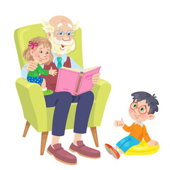 Fototapeta na wymiar Cute grandfather reads an interesting book to his grandchildren, sitting in an armchair. In cartoon style. Isolated on white background. Vector flat illustration.