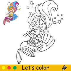 Vector cute kawaii mermaid eating sushi coloring