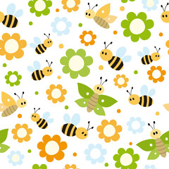 Cute bees and butterflies. Childish seamless pattern with flowers and insects. Vector illustration isolated on white background.