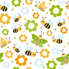 Fototapete Blümchenmuster Süße Bienen und Schmetterlinge. Kindisches nahtloses Muster mit Blumen und Insekten. Vektorillustration lokalisiert auf weißem Hintergrund.