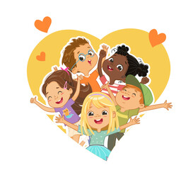 Group of multicultural children tear up the space in the shape of a heart. Children look through a hole in the shape of a heart and wave their hands. Funny cartoon character. Vector illustration