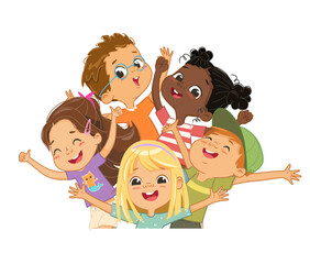 Group of multicultural happy children smile and wave their hands. Funny cartoon character. Vector illustration. Isolated on white background.