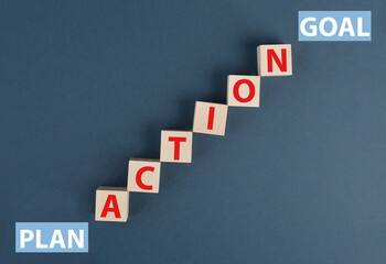 The word action is standing on wooden cubes, plan at the start, goal at the top of the stairs,...