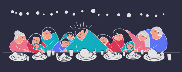 Stylization last supper flat collection family trendy flat people. Christmas dinner Turkey table. Daughter, mom, father, grandparents christian poster cartoon style. Merry Christmas trendy people.