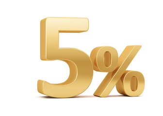 Gold five percent isolated on white background. 5% discount on sale. 3d rendering. Illustration for business ideas.