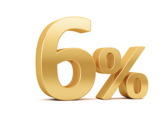 Golden six percent isolated on white background. 6% discount on sale. 3d rendering. Illustration for business ideas.