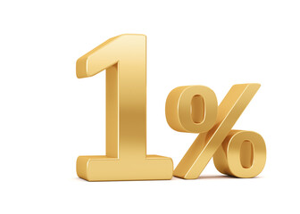 Gold one percent isolated on white background. 1% discount on sale. 3d rendering. Illustration for business ideas.