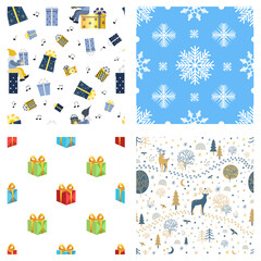Set of cute Christmas seamless patterns. Gnomes, gift boxes, snowflakes, deer, traces, plants on white and blue backgrounds. For greeting wrapping paper, textile, cover design. Vector illustration.