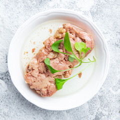 Cod liver seafood fish fat omega-3 fresh ready to eat meal snack on the table copy space food background rustic pescetarian diet