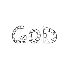 Hand-drawn Christian inscription and word "God" isolated on white background. Calligraphic inscription. Religion and Christianity. Christian words and phrases. Vector illustration