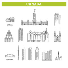 Canada. Vector icon set representing global tourist american landmarks and travel destinations for vacations