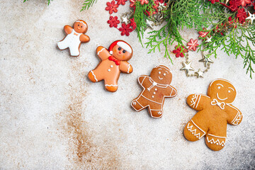 gingerbread man cookies christmas homemade cakes sweet dessert new year copy space food background rustic