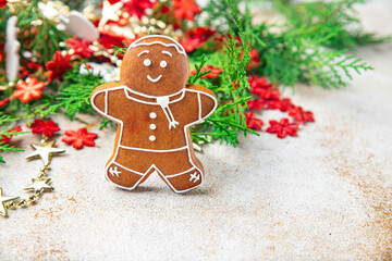 gingerbread man cookies christmas homemade cakes sweet dessert new year copy space food background rustic