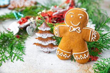 gingerbread man cookies christmas homemade cakes sweet dessert new year copy space food background rustic