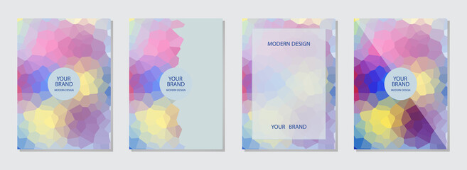 Set of cover design, vertical templates.Geometric volumetric convex 3D polygonal pattern in light colors, frame for text.Collection for business background, magazine layout, brochure, booklet, flyer.