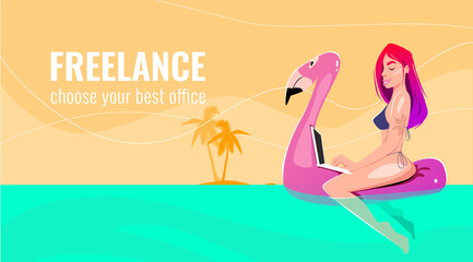 Fototapeta na wymiar beautiful girl in bikini works on a laptop, possibly participates in a video conference while sitting on an inflatable flamingo. Freelance, summer, tropical paradise. Vector illustration