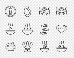 Set line Puffer fish, soup, Served on a plate, Scallop sea shell, Octopus, Soup with shrimps, octopus and icon. Vector