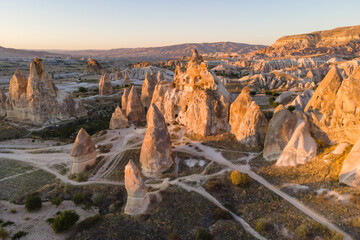 Travel in Cappadocia, aerial view of Cappadocia valley with amazing mountain and caves. Turkey