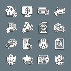 Set line Piggy bank with shield, Contract, Car, Credit card, House insurance, Fire burning house and Health icon. Vector