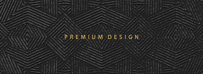 Banner, modern cover design.Dynamic geometric ethnic 3d pattern on black background, embossed grunge texture.Vector graphics for business background, magazine layout, brochure, booklet, flyer.