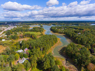 Fototapeta na wymiar Spruce Creek and marsh aerial view in fall near Piscataqua River mouth to Portsmouth Harbor in town of Kittery, Maine ME, USA. 