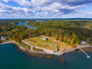 Fort McClary aerial view in fall on Piscataqua River at Portsmouth Harbor in Kittery Point, town of Kittery, Maine ME, USA. 