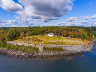 Fototapeta premium Fort McClary aerial view in fall on Piscataqua River at Portsmouth Harbor in Kittery Point, town of Kittery, Maine ME, USA. 