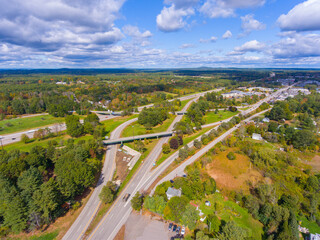 Interstate Highway 95 in Maine at Exit 2 with US Route 1 interchange aerial view in fall in town of...