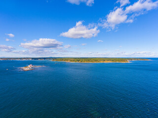 Fototapeta na wymiar Wood Island Life Saving Station and Gerrish Island aerial view on Wood Island at the mouth of Piscataqua River in Portsmouth Harbor, Kittery, Maine ME, USA. 