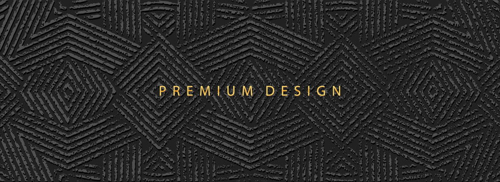 Banner, modern cover design.Dynamic geometric ethnic 3d pattern on black background, embossed grunge texture.Vector graphics for business background, magazine layout, brochure, booklet, flyer.