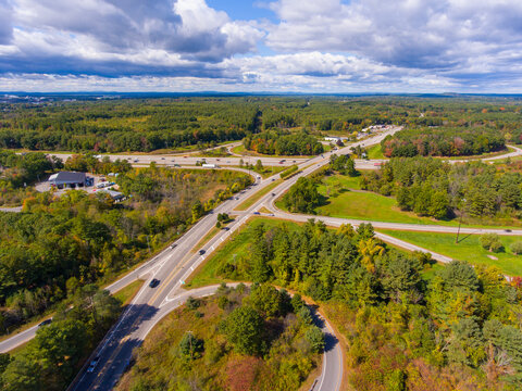 Interstate Highway 95 in Maine at Exit 2 with US Route 1 interchange aerial view in fall in town of Kittery, Maine ME, USA. 