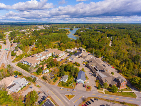 Kittery Town Hall And Municipal Complex Building Aerial View And Spruce Creek In Fall In Town Of Kittery, Maine ME, USA. 