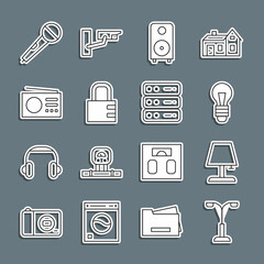 Set line Street light, Table lamp, Light bulb, Stereo speaker, Safe combination lock, Radio, Microphone and Server, Data, Web Hosting icon. Vector