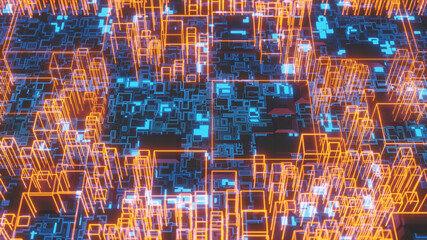 3D rendering macro shot of abstract motherboard and wireframe of cube chips, small depth of field